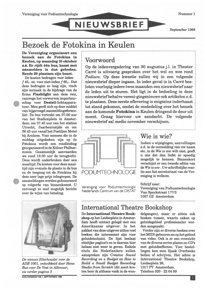Nieuwsbrief 1, Vereniging voor Podiumtechnologie, VPT